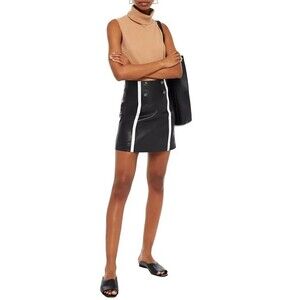 Sandro Gansia Button-Embellished Striped Leather Mini Skirt 2 US 6 S Black $520